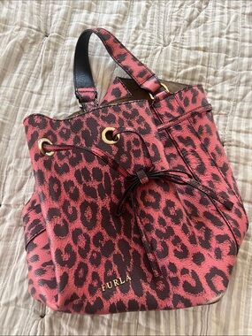 Furla Pink Leopard-Print Drawstring Bucket Bag